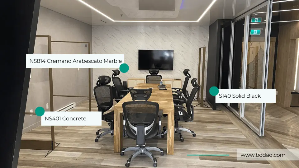 Boardroom in NS814 Cremano Arabescato, NS401 Concrete and S140 Solid Black film