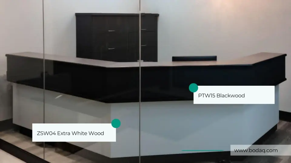 Two-Tone Front Desk in PTW15 Blackwood and ZSW04 Extra White Wood film