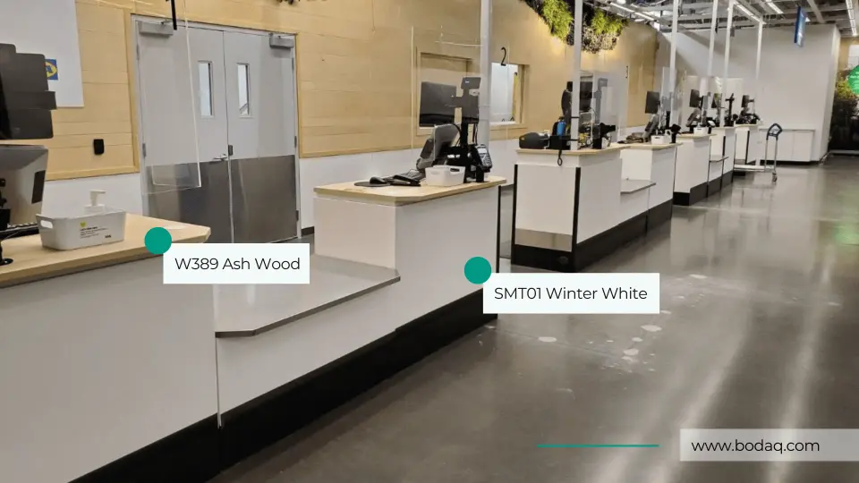 Service Desks in W389 Ash and SMT01 Winter White film