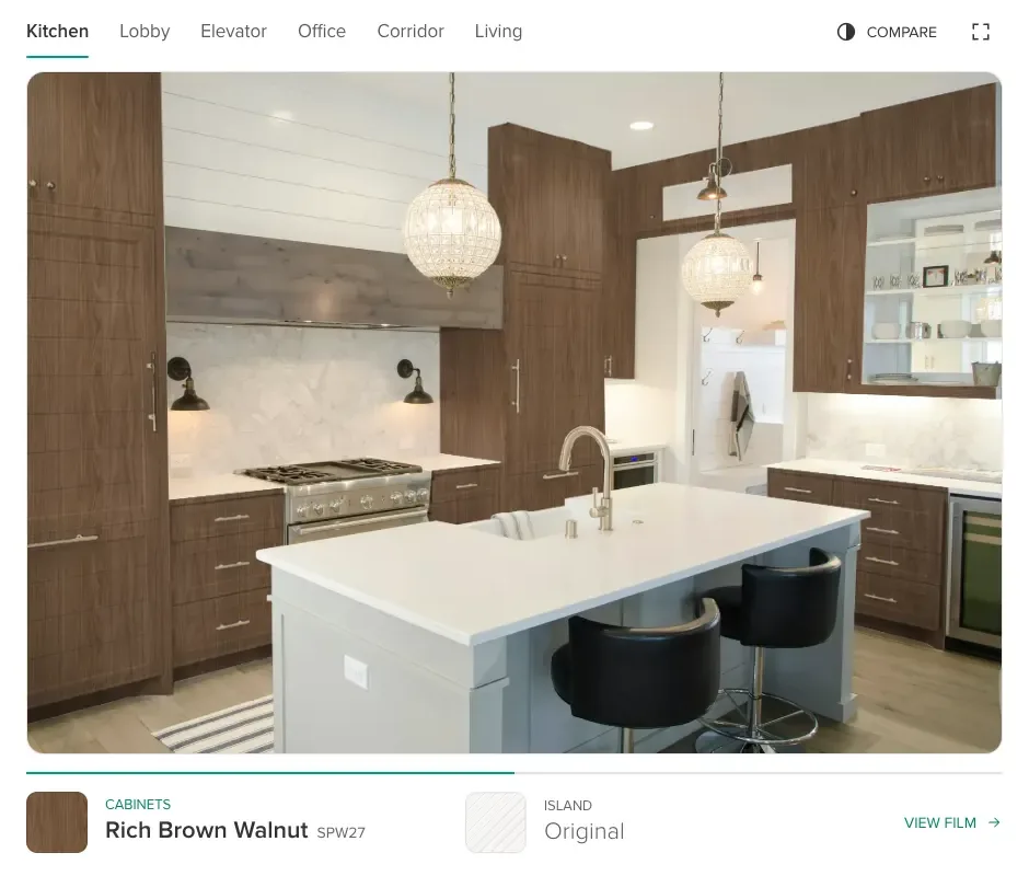 The Bodaq Visualizer: a kitchen with Rich Brown Walnut (SPW27) on the cabinets and the original finish on the island, with tabs for six rooms and a compare view.